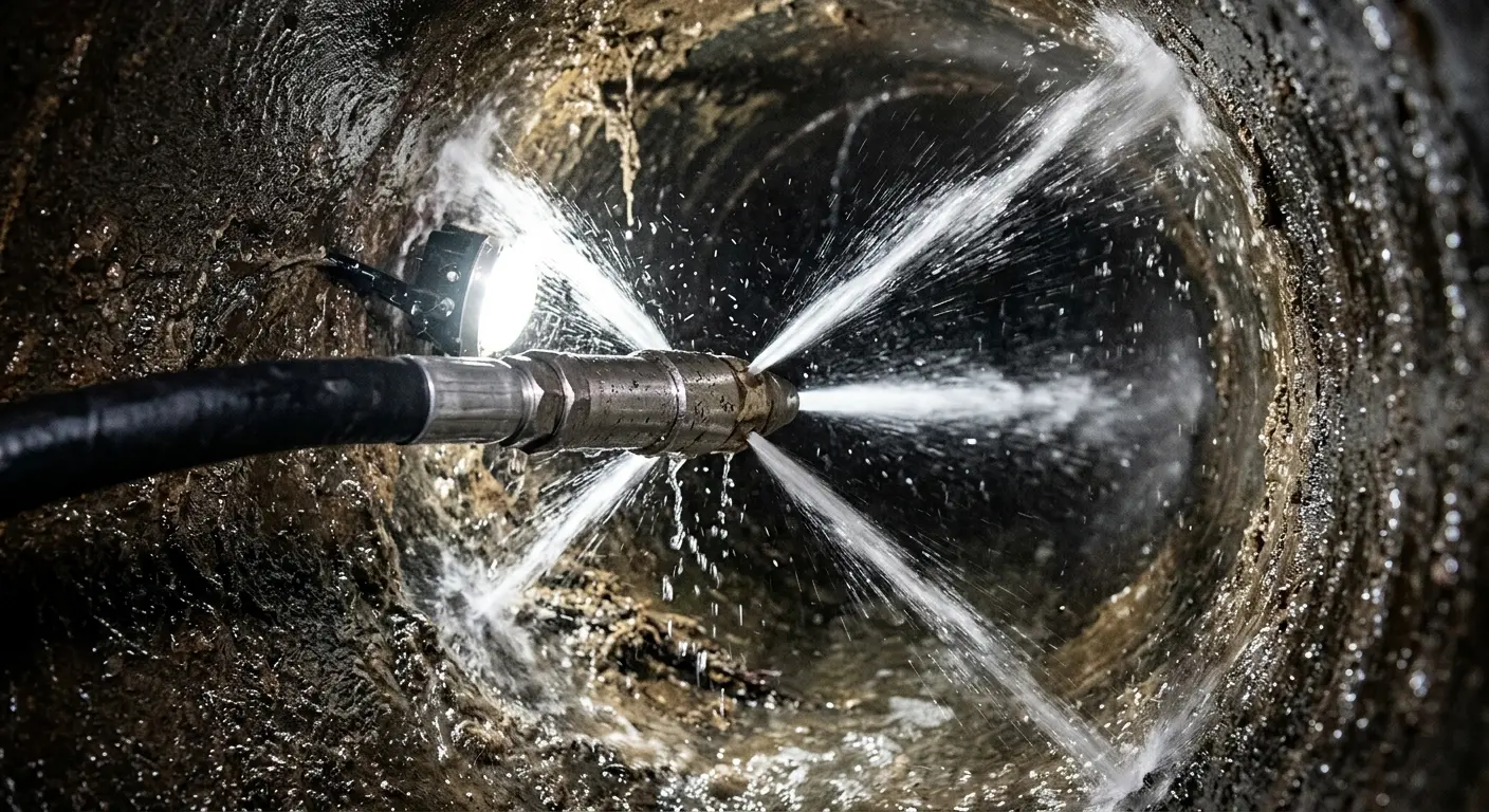High-pressure hydro jetting nozzle cleaning sewer pipe for Trenchless Sewer Repair in Geneva