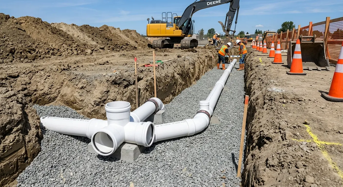 New PVC sewer pipe installation in open trench for Grease Trap Cleaning in Geneva
