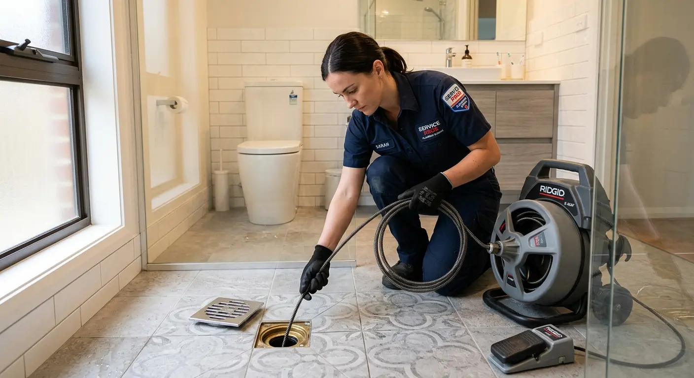 Technician clearing a bathroom floor drain for Sewer Line Installation in Geneva